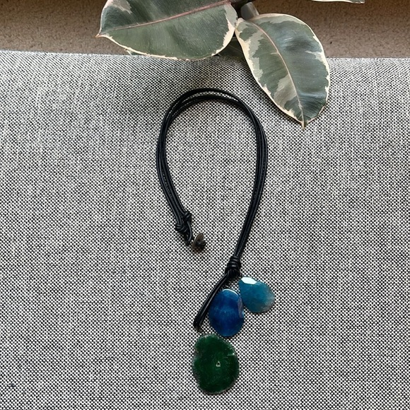 Handmade Blue and Green Stone Necklace with brown cord , Made in Athens, Greece - Picture 4 of 17